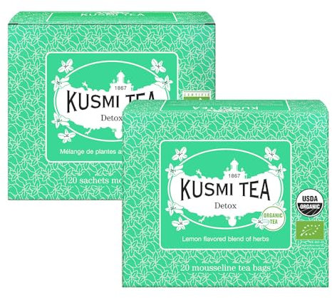 Kusmi Tea - Detox - Lot de 2 boîtes - Mélange Biologique de Thé Vert, de Maté et de Citron - À Déguster Chaud ou en Thé Glacé - 2x20 Sachets de Thé