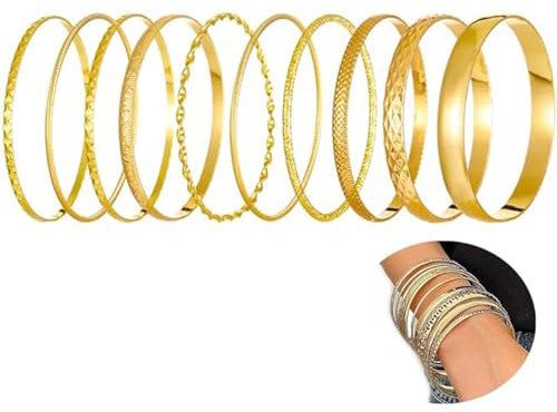 Qehyuelefu 10 Stück Armreif Damen Set, Boho Armreifen Stapelbare Trendige Geschichtete Armreifen, Edelstahl Dünnes Rundes Armreif Verstellbare Armbänder Silber Mädchen Schmuckgeschenke (Gold)