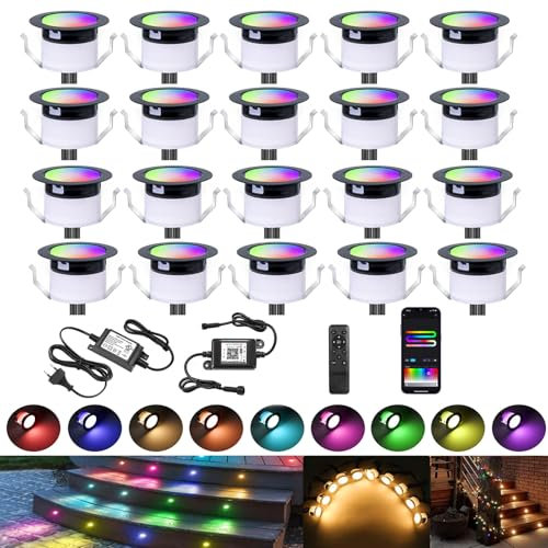 20er WiFi Led Bodeneinbaustrahler RGBIC+Wärmeweiß LED Bodenleuchten Bodenstrahler DC12V Ø31mm Spots Multicolor Chasing Effekt Terrassenbeleuchtung Arbeitet mit Alexa, Google Home,IP67 Wasserdicht