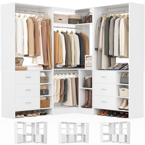 Aheaplus Closet System with 6 Drawers, 4 Hanging Rods & Corner Tower, Corner Closet System with Hanging, 92.6 L-Shaped Walk-In Wardrobe Organizer, 2000+ lbs Capacity, Set of 3, White