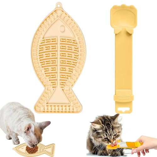 Fischform Schleckmatte Katze, Leckmatte Hund Slow Feeder für Hundeleckerli und Katzenfutter, Anti Schling Napf Katze, Silikon Schleckmatte Hund und Katzenfutter Löffel, Gelb