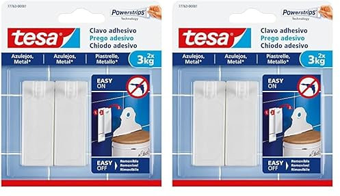tesa Clavo Adhesivo para Azulejos y Metal 3 kg, Clavo Adhesivo de Alta Resistencia para Superficies Lisas en Baños y Cocinas, Gancho de Tira, Sostiene hasta 3 kg (Paquete de 2)