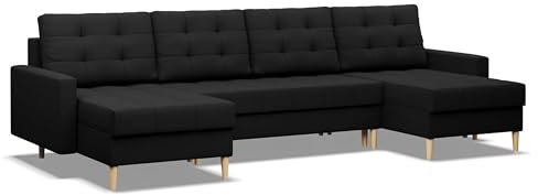 Mebligo - Ecksofa mit Schlaffunktion und 3 Bettkasten ELMA 294x92x140 (BxHxT) Schwarz - Couch U Form, U Sofa Wohnzimmer Sitz mit Bonellfedern, Sofas & Couches, Eckcouch, Eckschlafsofa