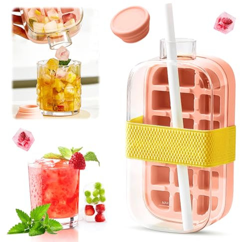 Eiswürfelform 2 in 1 Eiswürfel Flasche mit Eiswürfelbehälter und Deckel, Silikon Eiswürfelform mit 18 Eiswürfeln Drücken zum Lösen der Eiswürfel, Ice Cube Bottle für Cocktails Whisky Tee Drinks (Rosa)