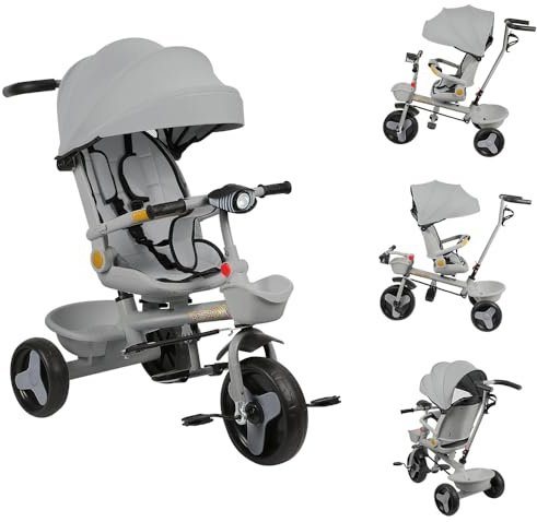 Homewell Kinderwagen mit schubstange, Dreirad ab 9 Monate, Kinderdreirad mit Musik & Licht, Verstellbarer Sitz-Liege-Modus, ausklappbarem Verdeck mit Sonnenschutz und 2 Ablagekörben (Grau)