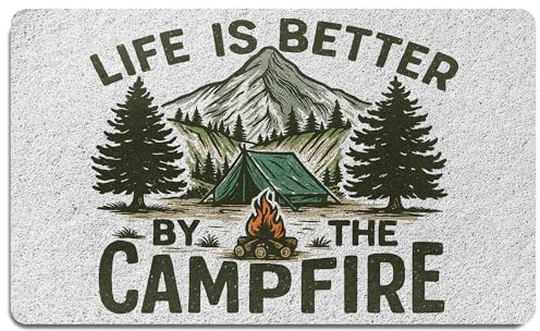 FISWAFY Camping Door Mat, Life is Better by The Campfire Camping Welcome Doormat for Porch Entryway Entrance Front Door, Camper Welcome Mat Outside, 17x30 Inch