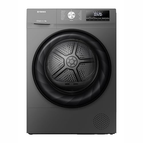 Teknix TKHP8HS 60cm Freestanding 8kg Heatpump Front Load Tumble Dryer - AI Sensor Dry - Allergy Care - Drying Rack - Titanium - D Rated