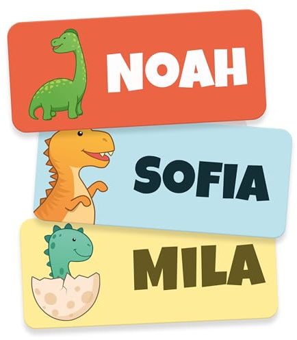 Namensaufkleber Kinder für Schule & Kita (60 Stk, Dinosaurier) | Personalisiert & Waschmaschinenfest, Namensschilder für Kleidung, Namensetiketten, Klebeetiketten Namen Kinder