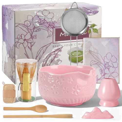 9-teiliges Matcha Set, Matcha Starter Kit Mit Sieb, Matcha Schale mit Ausgießer, Matcha Schalen Set für Anfänger und Enthusiasten (Rosa)
