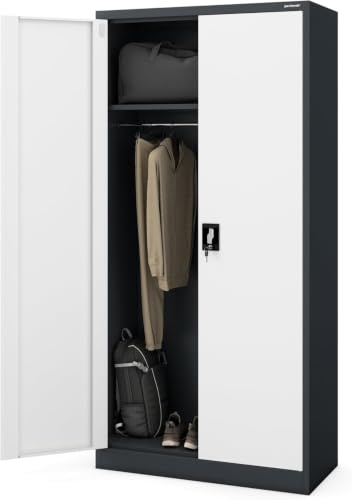 Jan Nowak Kleiderschrank abschließbar, Büroschrank mit Kleiderstange | Aktenschrank, Metallschrank mit Fächern, Kleiderstange, 50 kg Fachlast, Stahl 0,6 mm, Schloss, Wandmontage, 185 x 90 x 45 cm