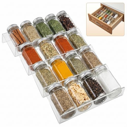 ABOOFAN Gewürzregal Schublade 4er-Set, erweiterbarer Gewürz-Organizer 23-46 cm, 4-Ebenen-Schubladeneinsatz aus Acryl, transparent & rutschfest, für Küchenschubladen, Schrank & Arbeitsplatte