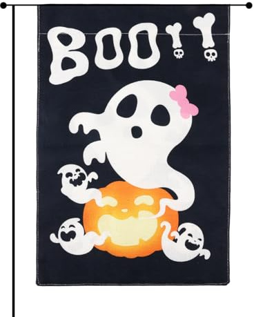Bandera Jardín Halloween Boo, 45x30cm Doble Cara Exterior Estera de Fantasmas y Calabazas en Lino Decoración para Exterior Césped Patio Porche y Jardín