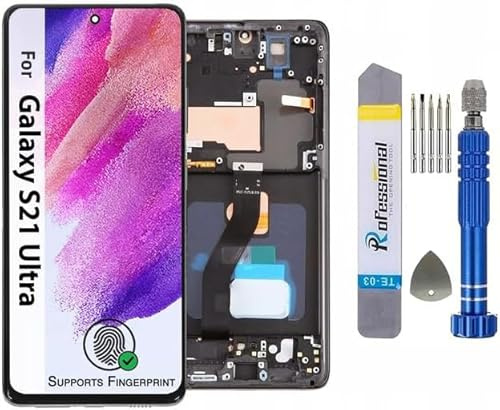 It'Go Écran Tactile OLED HD (6.67 inch) pour Samsung S21 Ultra G998 avec écran LCD, Remplacement d'écran avec Empreinte Digitale, Outils de réparation Inclus, Cadre, Haute qualité Noir