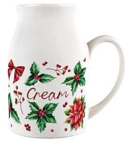 Christmas Holly Cream Jug - Small Porcelain Jug Pitcher with Handle for Xmas Dinner, 450ml, White
