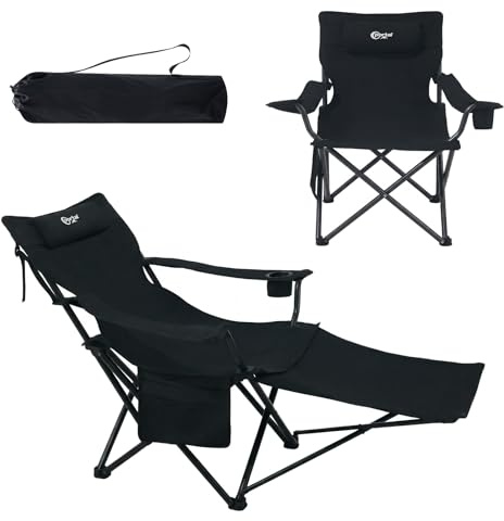 Portal 2-in-1 Campingstuhl Faltbar 180KG, 3-Fach verstellbar mit Fußstütze, Kissen & Getränkehalter, Robuster Klappstuhl als Liegestuhl & Strandstuhl für Outdoor, Garten, Angeln – Inkl. Tragetasche