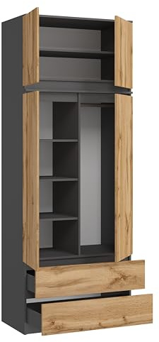 BDW Monia Kleiderschrank mit 2 Türen und 2 Schubladen, Matt, 4 Einlegeböden, Metallrollenführungen, Für Schlafzimmer, Garderobe, Büro (Anthrazit/Wotan Eiche, 235x90x50)