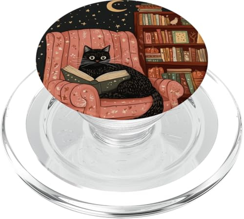 Black Cat Reading a Book in a Cozy Autumn Setting PopSockets PopGrip for MagSafe