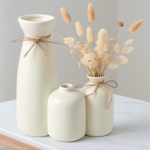 Vankarr Keramikvase Satz von 3, Blumenvase Modern,Vase für Pampasgras, Handgemachte Vase,Moderne Boho Vasen für Wohnungsdeko Hochzeit Dekor(Beige)