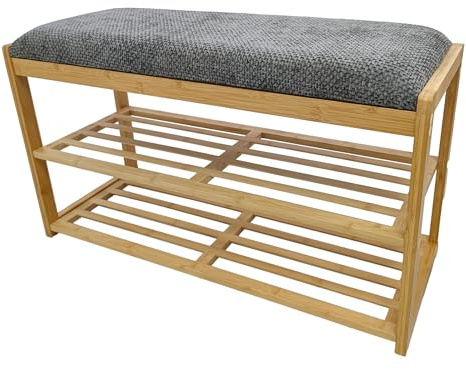 Schuhbank ZEN-BO - 80cm - natur grau - Bambusholz Stauraum pflegeleicht | hohe Belastbarkeit, hoher Komfort, Scandinavian Design, mit Ablage, vielseitig einsetzbar