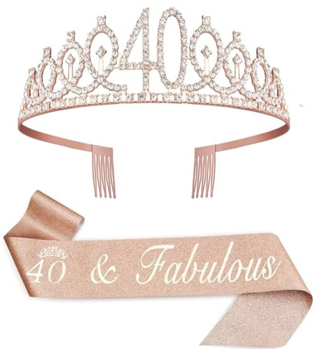 40. Geburtstag Deko Damen Roségold - 40 & Fabulous Schärpe & Kristall Tiara Krone, Geburtstagsshärpe Set für Frauen, 40 Jahre Geburtstagsgeschenk