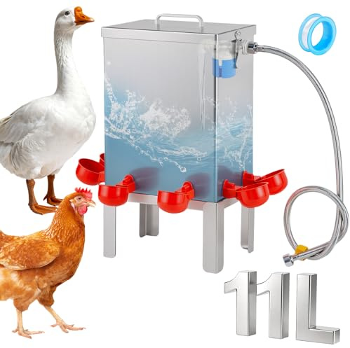 11L Automatischer Hühner-Tränke aus Edelstahl mit Schwimmerventil | Wassernäpfen, Bodenhalterung & Schlauch, Automatisches Geflügel-Tränkesystem für Hühner, Wachteln, Enten, Gänse & Truthähne