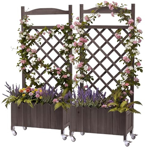 2 x Rankgitter Pflanzkasten mit Rollen, Holz Hochbeet mit Spalier, wetterbeständiger Pflanzenkübel mit Drainagelöchern, mobiler Blumenkasten für Garten, Balkon & Terrasse, 49x28x116cm, 2stk.-BRAUN