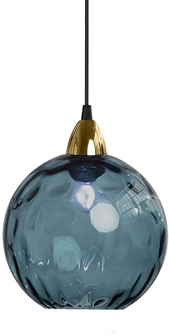 LFsem 20cm/7.9'' Suspension Boule en Verre Moderne Vintage, Lampe Suspendue E27 avec Détail Doré et Abat-jour en Verre Ondulé, pour Îlot de Cuisine, Salle à Manger, Chambre, Café (Bleu foncé)