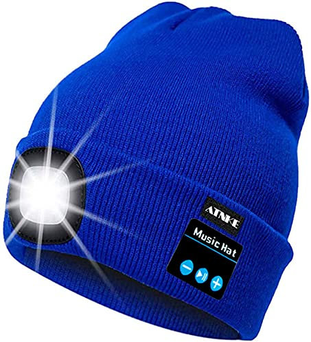 ATNKE Berretto Bluetooth con LED Illuminato, USB Ricaricabile Wireless Musicale Cappello da Corsa Ultra Bright 4 LED Impermeabile Lampada Uso per Sci Escursionismo Campeggio Ciclismo (Blu)