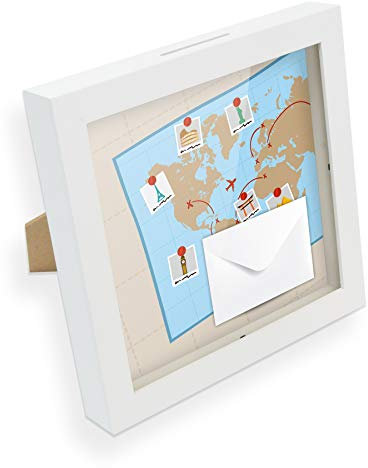 itenga Geldgeschenk I Spardose I Weltkarte I Gutschein I Bilderrahmen zum Befüllen I Geschenkverpackung I inkl. Einleger und Briefumschlag zum Dekorieren