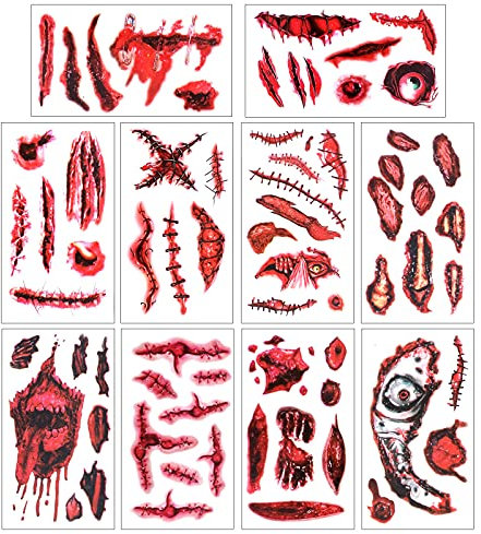 Howaf Halloween Tatouage Temporaires, Halloween Horreur Fausse Cicatrice Tatouage Faux Sang Liquide Autocollant Tatouage, 70+ Halloween Zombie Deguisement Maquillage Cosplay Visage Tatouage Props
