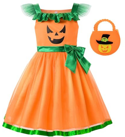 ReliBeauty Kürbis Kostüm Kinder Halloween Kleid Halloween Party Herbst Deko mit Handtasche,120