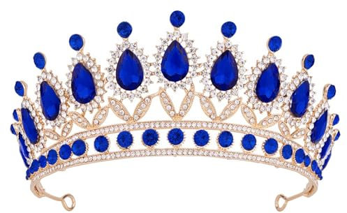 Tiara for Women, Vofler Gold Crown Blue Crystal Sapphire - Royal Queen Rhinestone Headpiece Headband for Princess Girls Kids Bridal Birthday Wedding Pageant Prom Homecoming Halloween Costume Party