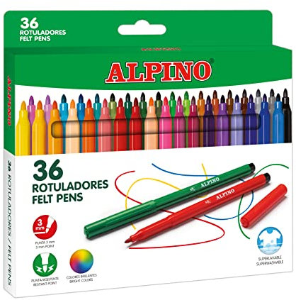Alpino 36 Filzstifte | Etui mit 36 Filzstiften mit 3 mm Spitze | waschbare Tintenstifte | Filzstifte für Kinder | Schule und Büro