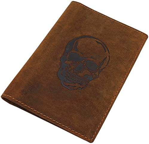 Büffel-Vollleder Ausweismappe mit Hirsch-, Wildschwein-, Totenkopf-Motiv oder ohne Motiv für Fahrzeugschein, Schwerbehindertenausweis, Waffenschein, Jagdschein etc. (Totenkopf-Motiv)