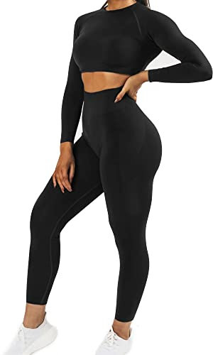 JN JANPRINT Damen Traingsanzug Sport Sets Sportanzüge Jogginganzug Langarm Sport Top und hohe Taille Hosen 2 Stücke Bekleidungssets Yoga Outfit Sportswear Gym Leggings Set(Schwarzer Mergel,M)