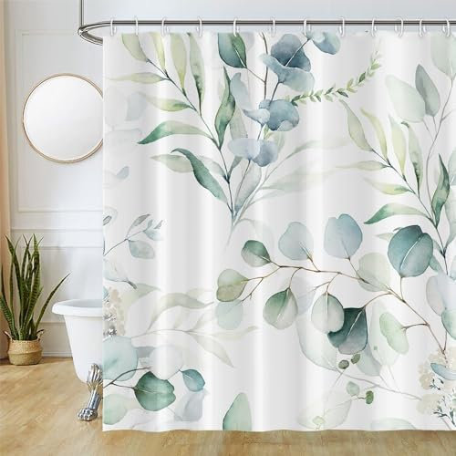 Duschvorhang Grün, Uiiooazy Duschvorhang Eukalyptus 180x200cm Blau Blätter Weiß Blumen Pflanzen Duschvorhänge Anti Schimmel Wasserdicht Polyester Stoff Waschbar Bad Vorhang mit 12 Haken für Badezimmer