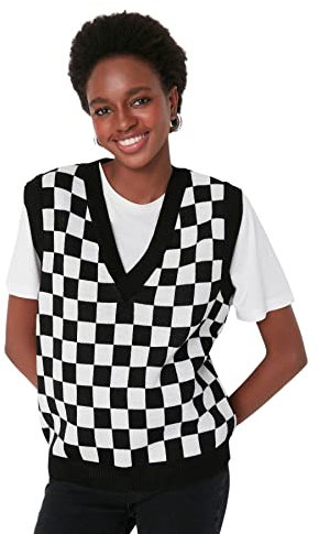 TRENDYOL Damen V-neck Plaid Regular Vest Sweater, Schwarz, S EU