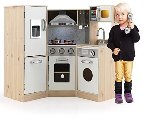 COSTWAY Kinderküche mit zubehör, Spielküche Holz mit Licht & Sound, Eckküche Kinder inkl. Spüle Ofen Mikrowelle Kochherd, Spielzeugküche für Kinder ab 3 Jahren