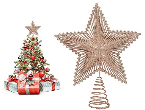 Puntale per albero di Natale, stella glitterata, metallizzata, decorazione natalizia per albero, ornamenti natalizi e decorazioni per le vacanze, dimensioni: 24 cm (oro rosa)