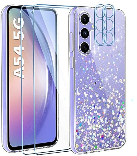 ivencase Glitzer Handyhülle Kompatibel mit Samsung Galaxy A54 5G Hülle, Klar Silikon Case+2 Schutzfolie+2 Kamera Schutzfolie, Transparent Pailletten Kratzfest Hülle Weich TPU Stoßfeste Schutzhülle