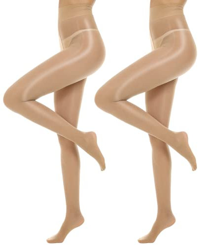 MANZI 2 Paar Ölig Glanzstrumpfhosen Damen Sexy Seidenglatt Feinstrumpfhose 15 Den Transparent Reißfest Natur,S-M
