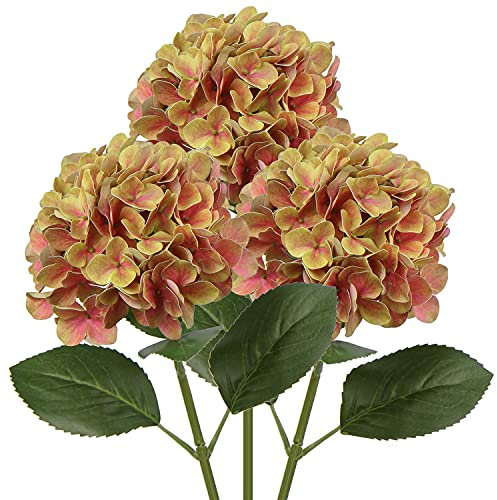Lot de 3 fleurs d'hortensia artificielles décoratives jaunes avec tige de 63 cm de long en soie au toucher réaliste pour maison, hôtel, bureau, mariage, arrangements floraux