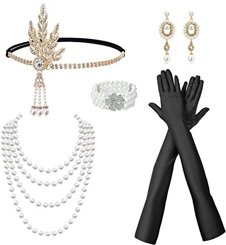 TSHAOUN 6 Stück 1920s Flapper Accessoires Set,1920 Zubehör Set,20er Jahre Themenset mit Stirnband Kopfbedeckung schwarze Handschuhe Halskette,Great Gatsby Zubehör.