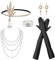 TSHAOUN 6 Stück 1920s Flapper Accessoires Set,1920 Zubehör Set 20er Jahre Themenset mit Stirnband Kopfbedeckung schwarze Handschuhe Halskette,Great Gatsby Zubehör.