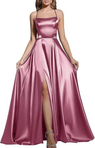 BABYONLINE D.R.E.S.S. Robe de Bal Longue avec Bretelles Robe de Soirée Chic pour Mariage Dos Nu Fendue en Satin Rose Foncé 34