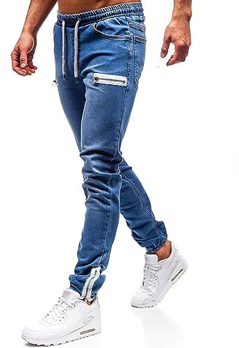 Oanviso Homme Jean Troué Mode Skinny Slim Fit Pantalon Denim Styles Déchiré Sport Trousers avec Fermeture Éclair Casual Pants Trekking Outdoor D Bleu Foncé L