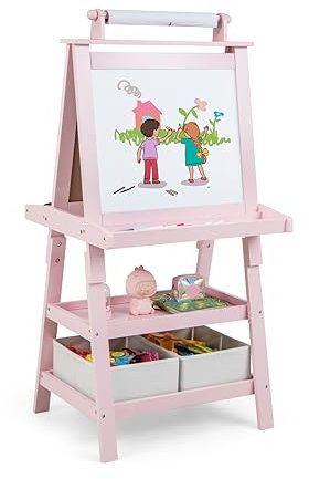 LIFEZEAL 3 in 1 Kindertafel, Staffelei Kinder mit Doppelseitiger Tafel, Standtafel mit 2 Ablageebenen, Whiteboard & Kreidtafel & Papierrolle, Maltafel mit 2 Aufbewahrungsboxen, Magnettisch (Rosa)