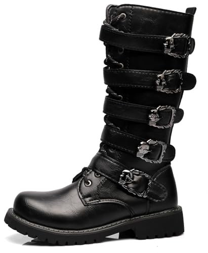 DJFOG Herren-Punk-Rock-Motorradstiefel, Retro-Metallschnalle, mittelhohe Stiefel, Schnürstiefel, Militärstiefel, Schnürung, weiches Kunstleder, Starke Außensohle,Schwarz,41 EU