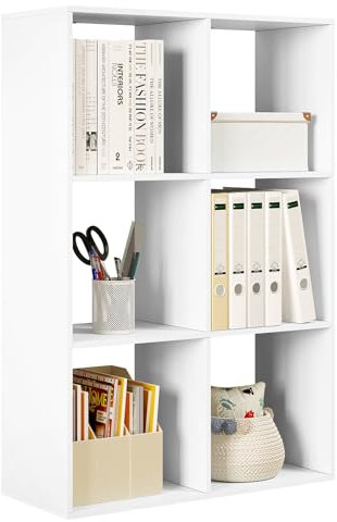 WOLTU Bibliothèque, Étagère Rangement, Meuble de Rangement, Bibliothèque à 3 Niveaux, Meuble Cube avec 6 Compartiments Ouverts, en Bois d’Ingénierie, Blanc, 71x29x106cm