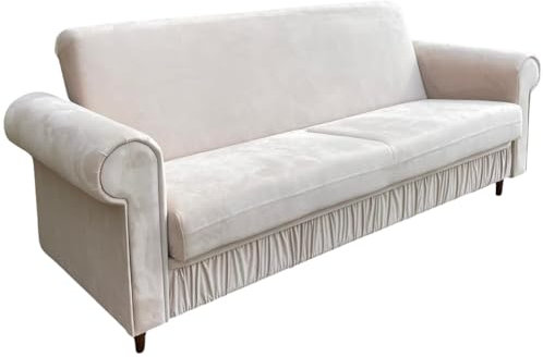 Ares Meble Sofa Karen - Sofa 3 Sitzer - Schlafsofa mit Bettkasten - Couch Schlaffunktion - Wohnzimmer Möbel - Samt - Beige - Beine Walnußholz